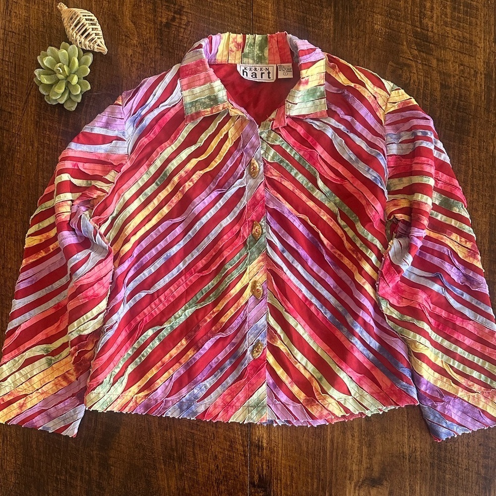 Keren Hart | Vintage Colorful Artsy Cotton Rainbow Jacket, Size L - Picture 2 of 10